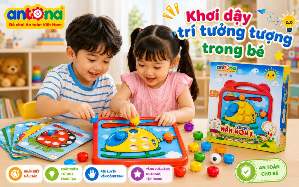 Xếp nút mầm non 1 giúp trẻ tăng khả năng tập trung, quan sát và nhận biết màu sắc thông qua hoạt động ghép hình trực quan.