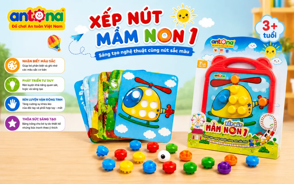 Bộ đồ chơi xếp nút mầm non 1 gồm bảng chơi, nút màu và tranh sáng tạo giúp trẻ vừa học vừa chơi, phát triển toàn diện từ sớm.