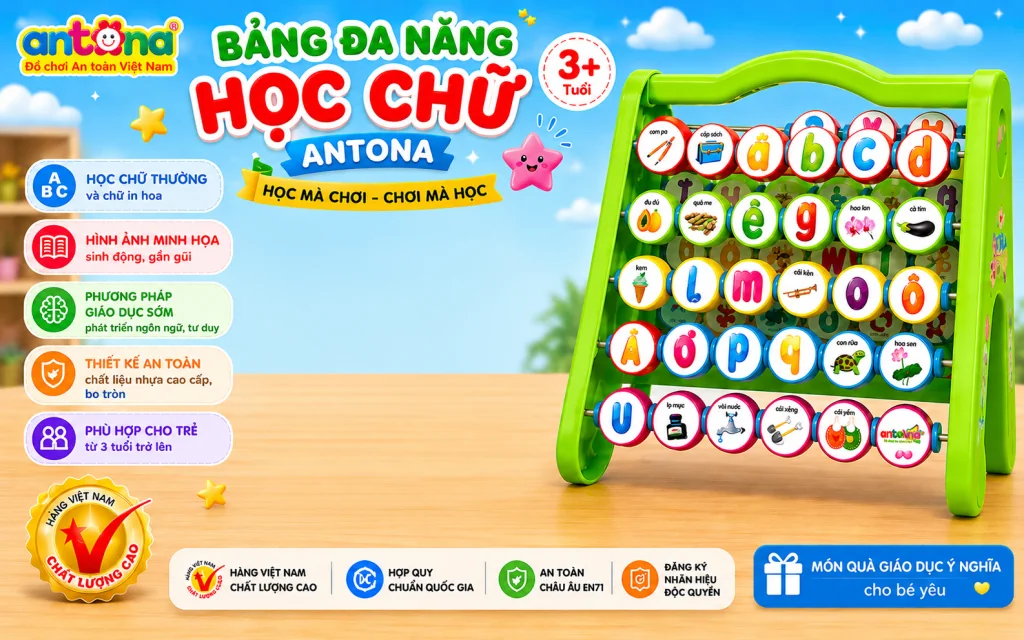 Bảng đa năng học chữ Antona được làm từ nhựa cao cấp, bo tròn các góc cạnh và sử dụng màu sắc bắt mắt, đảm bảo an toàn cho trẻ nhỏ trong quá trình học tập.
