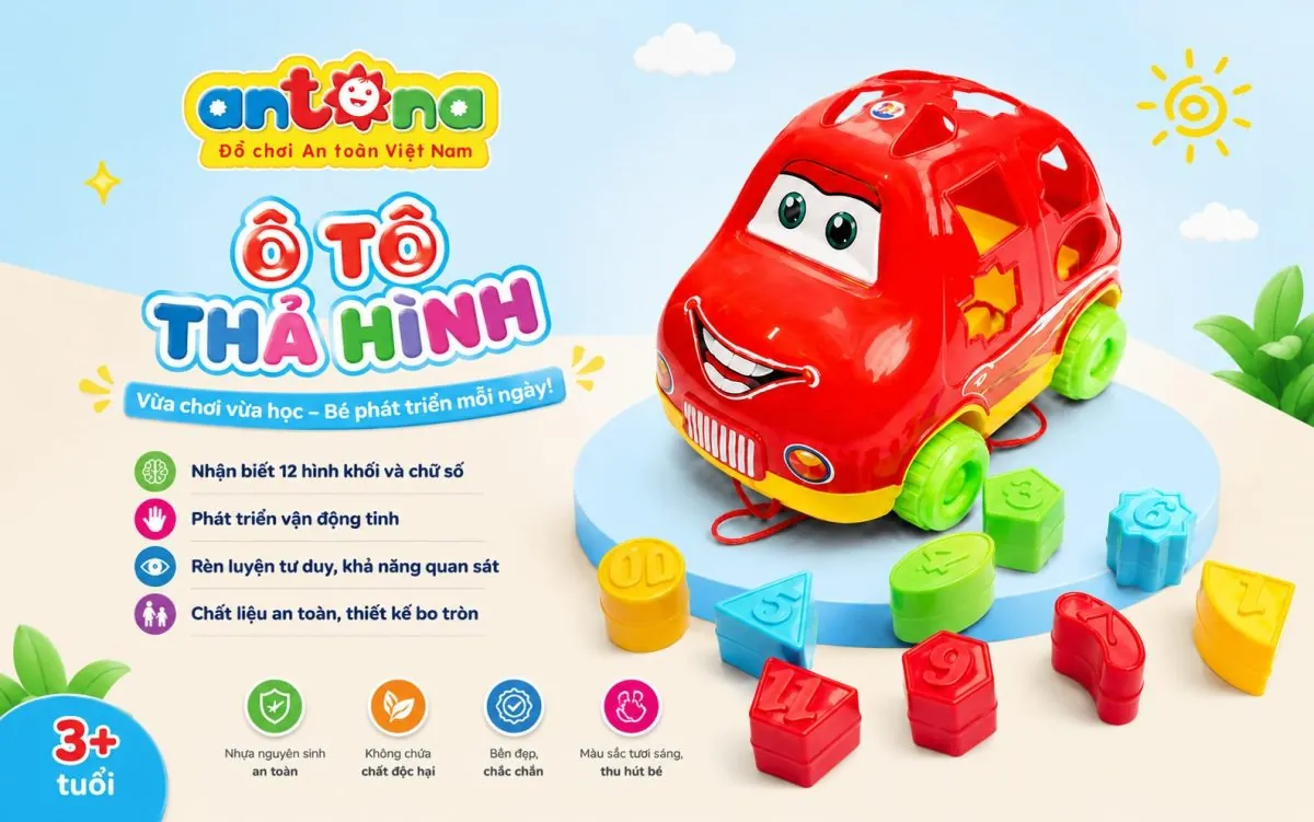 Hình ảnh Ô Tô Thả Hình Antona nổi bật với màu sắc tươi sáng, thiết kế đáng yêu và các khối thả hình sinh động, là món đồ chơi giáo dục được nhiều ba mẹ lựa chọn cho bé.