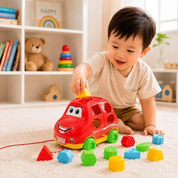 Ô Tô Thả Hình Antona với 12 khối hình khác nhau giúp bé làm quen với các hình học cơ bản, nhận biết số từ 1 đến 12 và phát triển khả năng ghi nhớ thông qua trò chơi.