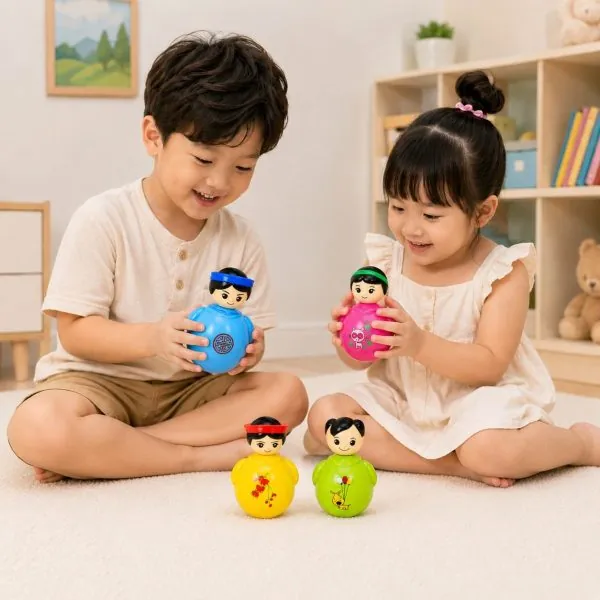 Hình ảnh sản phẩm Gia đình lật đật Antona nổi bật với bốn nhân vật đáng yêu, màu sắc bắt mắt và kiểu dáng thân thiện với trẻ em.