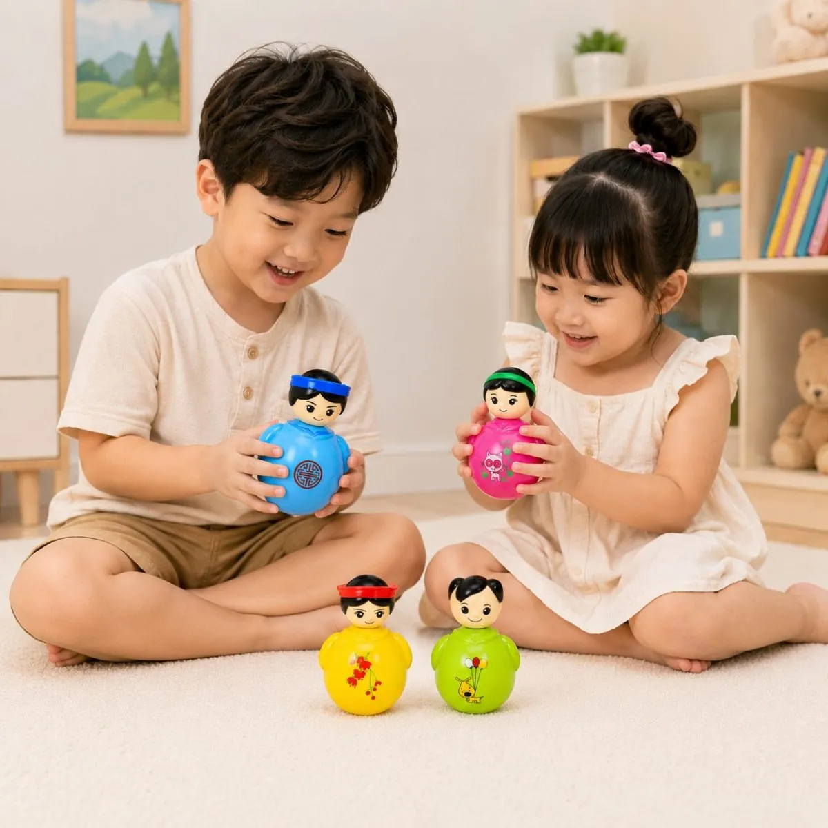 Hình ảnh sản phẩm Gia đình lật đật Antona nổi bật với bốn nhân vật đáng yêu, màu sắc bắt mắt và kiểu dáng thân thiện với trẻ em.