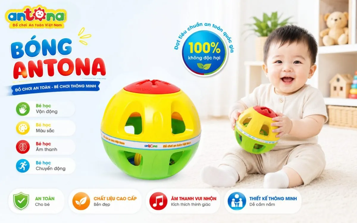 Bóng Trẻ Em Antona được làm từ nhựa nguyên sinh an toàn, màu sắc nổi bật, giúp bé phát triển khả năng cầm nắm, vận động và kích thích giác quan ngay từ những năm tháng đầu đời.