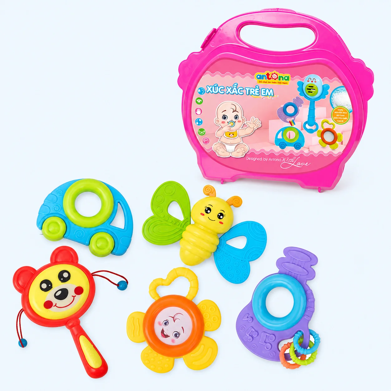 Xúc xắc trẻ em Antona - Hộp 5 chiếc gồm 5 món đồ chơi xúc xắc nhiều màu sắc, giúp bé phát triển thị giác, thính giác và khả năng cầm nắm. Chất liệu nhựa nguyên sinh an toàn, phù hợp cho bé từ 3 tháng tuổi.