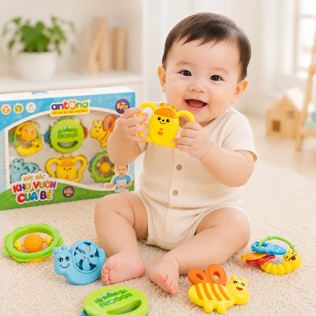 Bé hào hứng khám phá cùng Xúc Xắc Trẻ Em Antona - Hộp 6 Chiếc, phát triển thị giác, thính giác và khả năng cầm nắm ngay từ những tháng đầu đời.